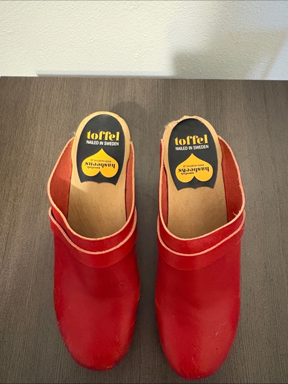 Swedish Hasbeens Red Leather Slip-On Clogs